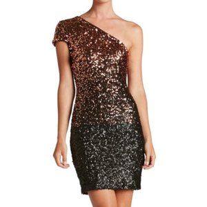 Dress the Population Debbie One Shoulder Sequin Gold and Black Ombre Mini Dress